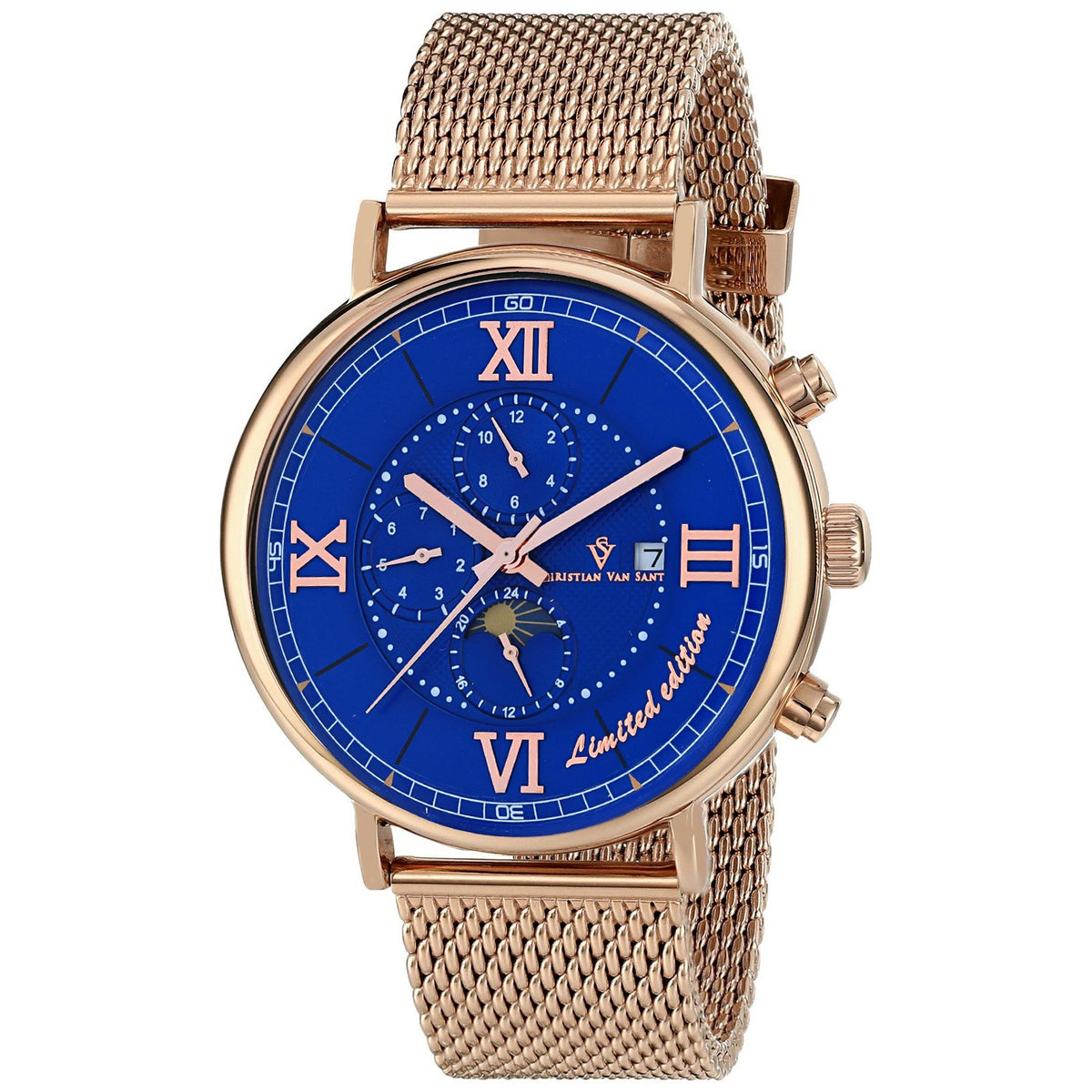 Christian Van Sant Men's Somptueuse LTD Watch 46mm Blue Dial Rose gold Bracelet
