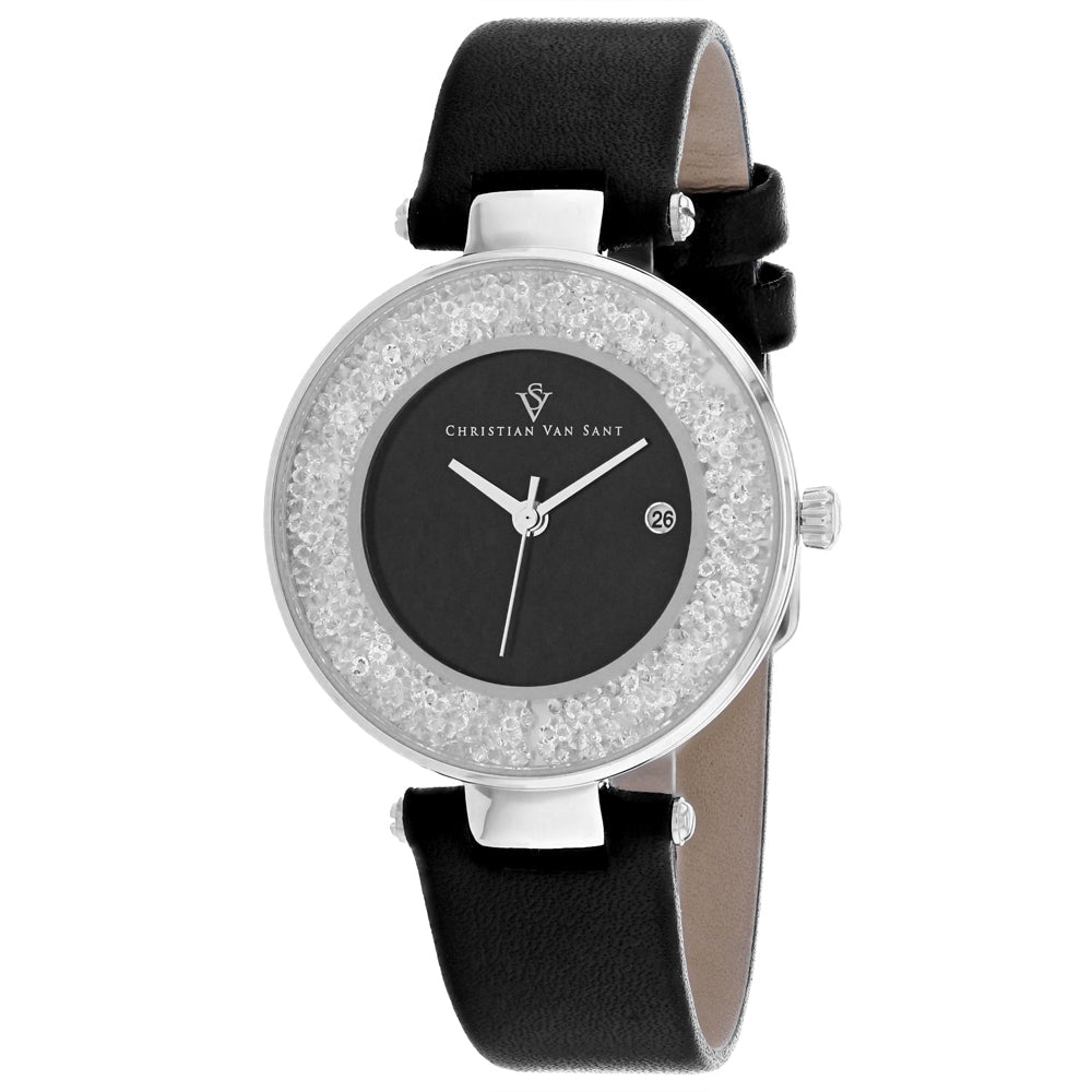 Christian Van Sant Women's Dazzle Watch 34mm Black Dial Leather Strap
