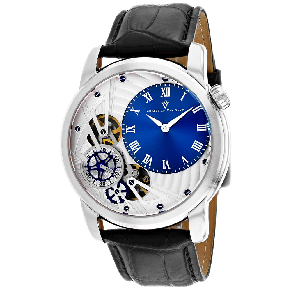 Christian Van Sant Men's Sprocket Auto-Quartz Watch 46mm Blue Dial Black Leather Strap (Ref. CV1542)