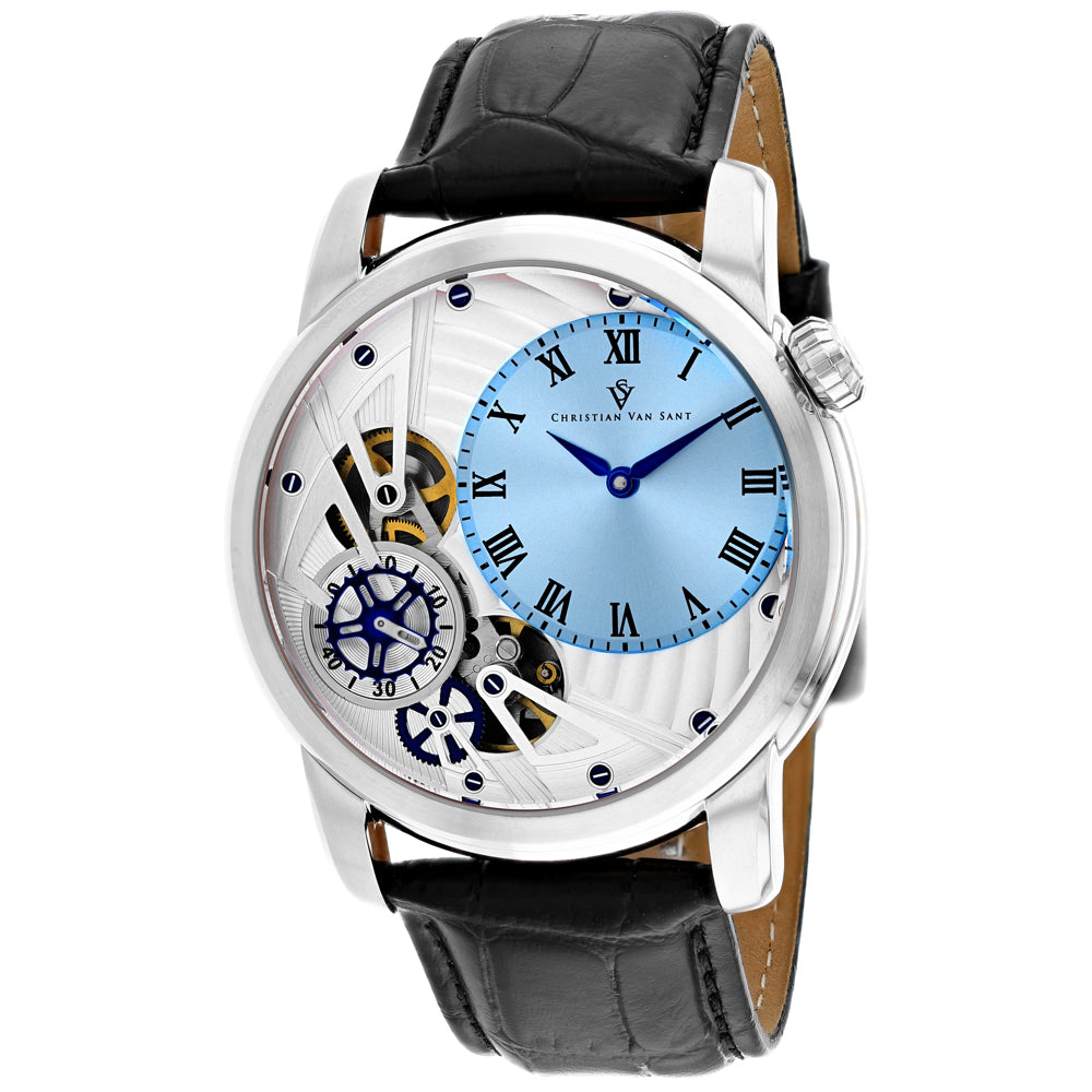 Christian Van Sant Men's Sprocket Auto-Quartz Watch 46mm Blue Dial Black Leather Strap (Ref. CV1543)