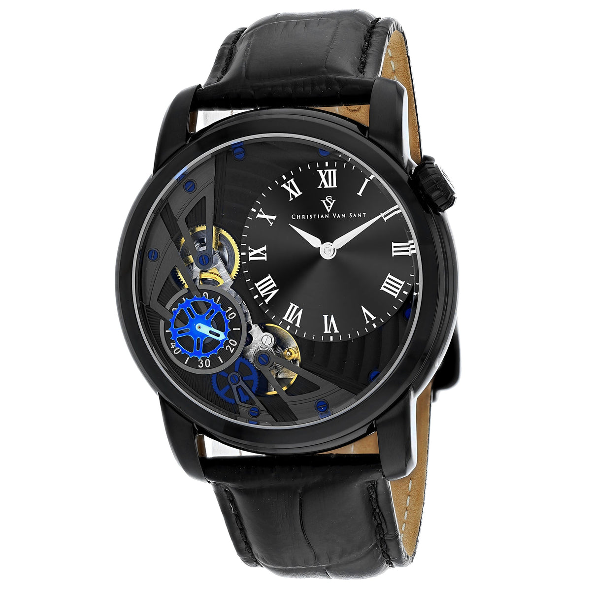 Christian Van Sant Men's Sprocket Auto-Quartz Watch 44mm Black Dial Leather Strap (Ref. CV1550)