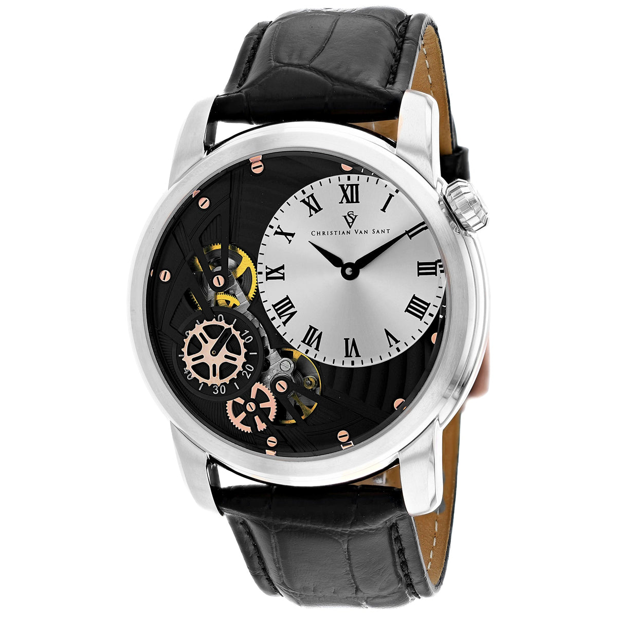 Christian Van Sant Men's Sprocket Auto-Quartz Watch 44mm Silver Dial Black Leather Strap (Ref. CV1551)