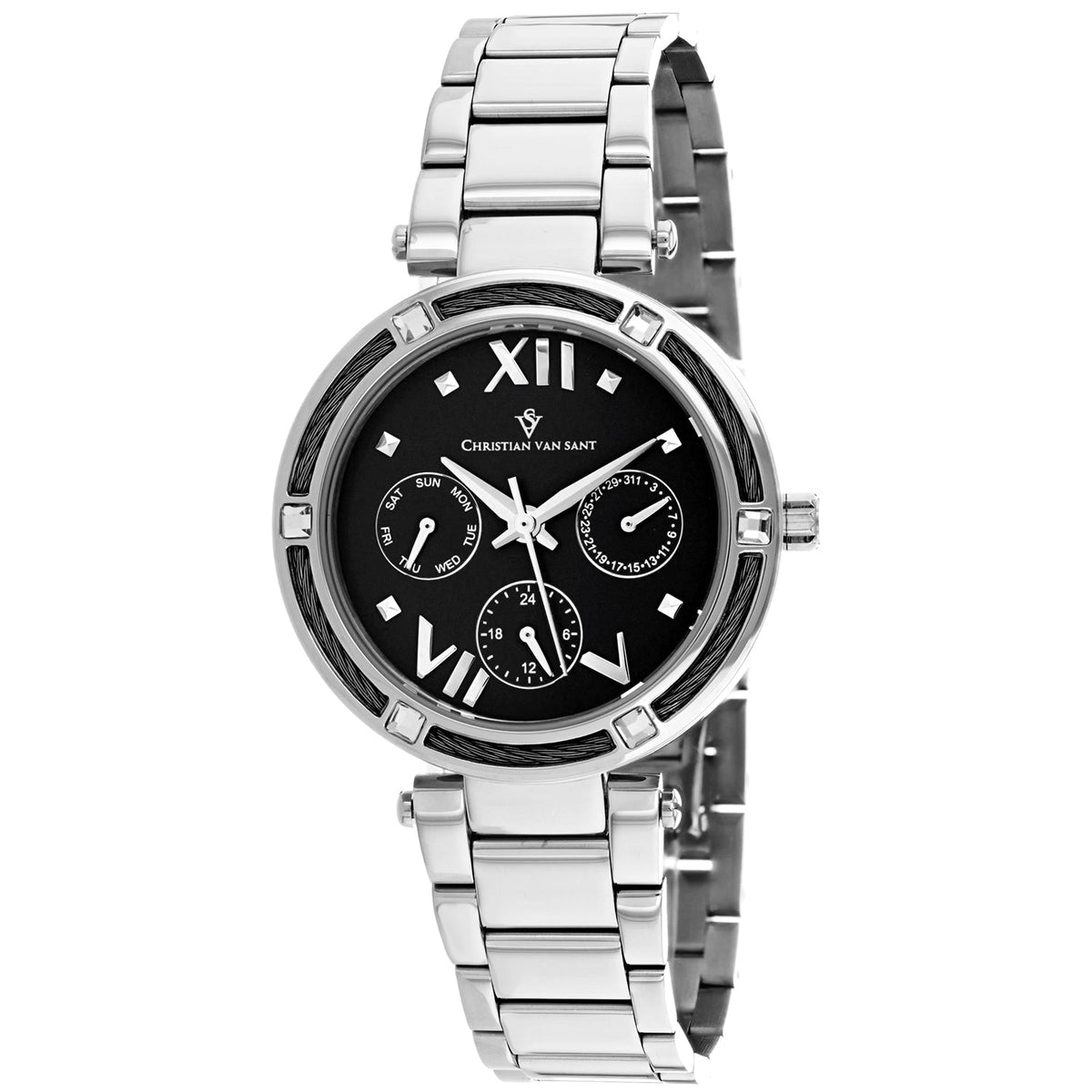 Christian Van Sant Women's Sienna Watch 33mm Black Dial Silver Bracelet