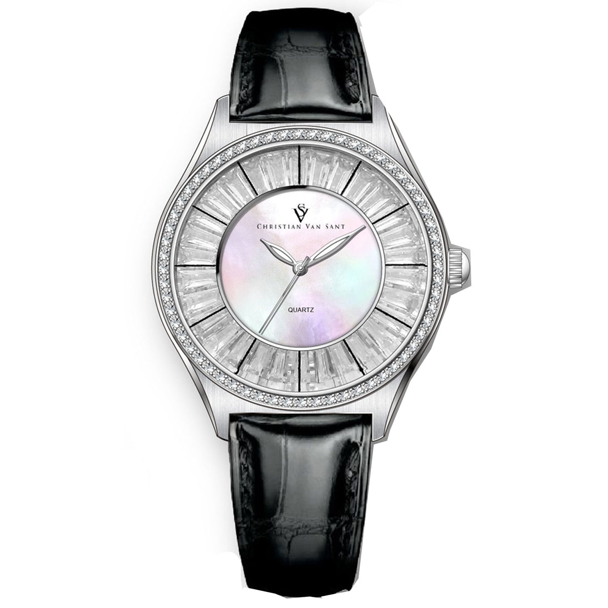 Christian Van Sant Women's Luna Watch 40mm Mother of pearl Dial Black Leather Strap (Ref. CV3200)