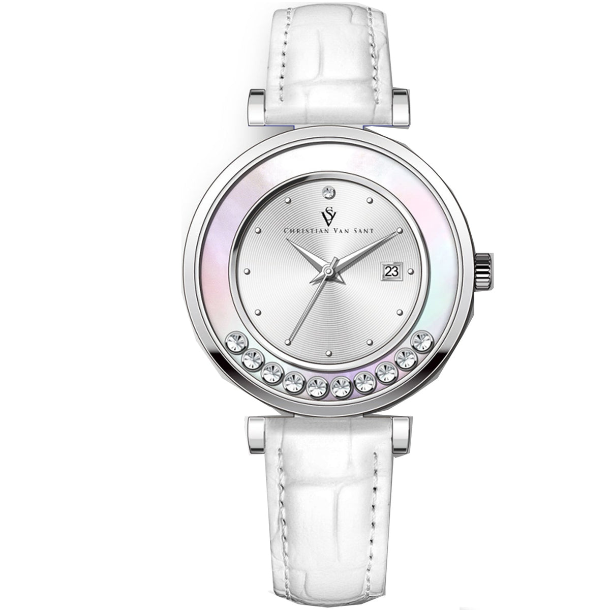 Christian Van Sant Women's Bria Watch 40mm Silver Dial White Leather Strap