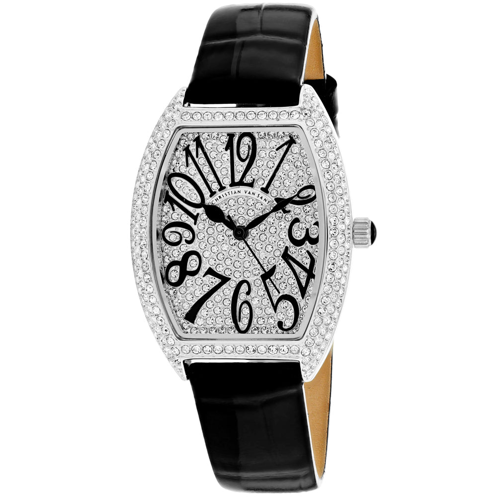 Christian Van Sant Women's Elegant Watch 42mm White Dial Black Leather Strap
