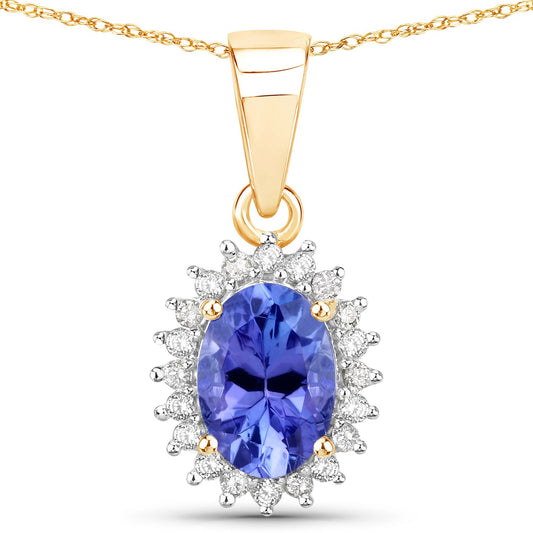 0.86 Carat Genuine Tanzanite and White Diamond 14K Yellow Gold Pendant