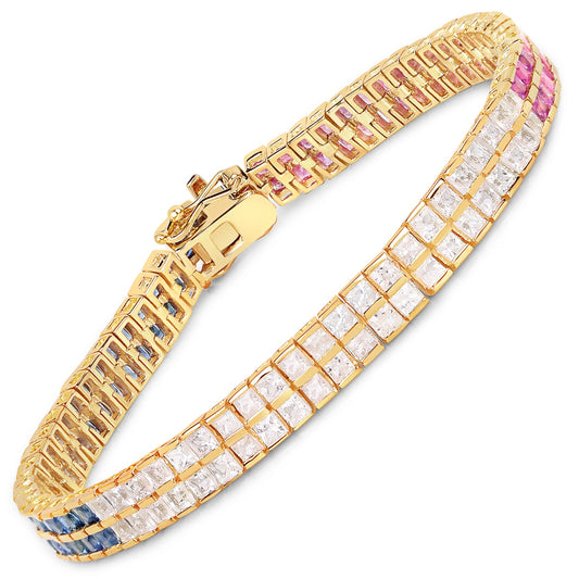Pulsera de Plata Esterlina .925 con Zafiro Azul Genuino de 9.52 Quilates y Zafiros Blancos, Enchapada en Oro Amarillo de 14K