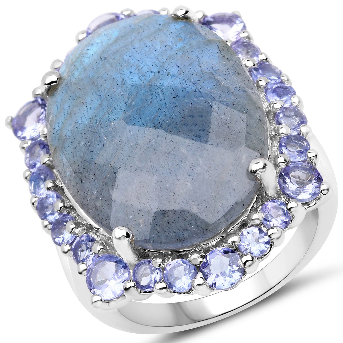 Anillo de plata de ley .925 con labradorita y tanzanita auténticas de 13.99 quilates