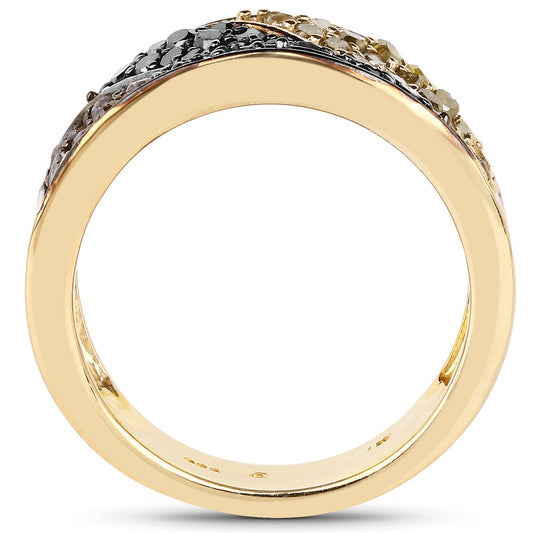 Anillo de plata de ley .925 chapado en oro amarillo de 14 quilates con diamantes negros, champaña y amarillos genuinos de 1.25 quilates