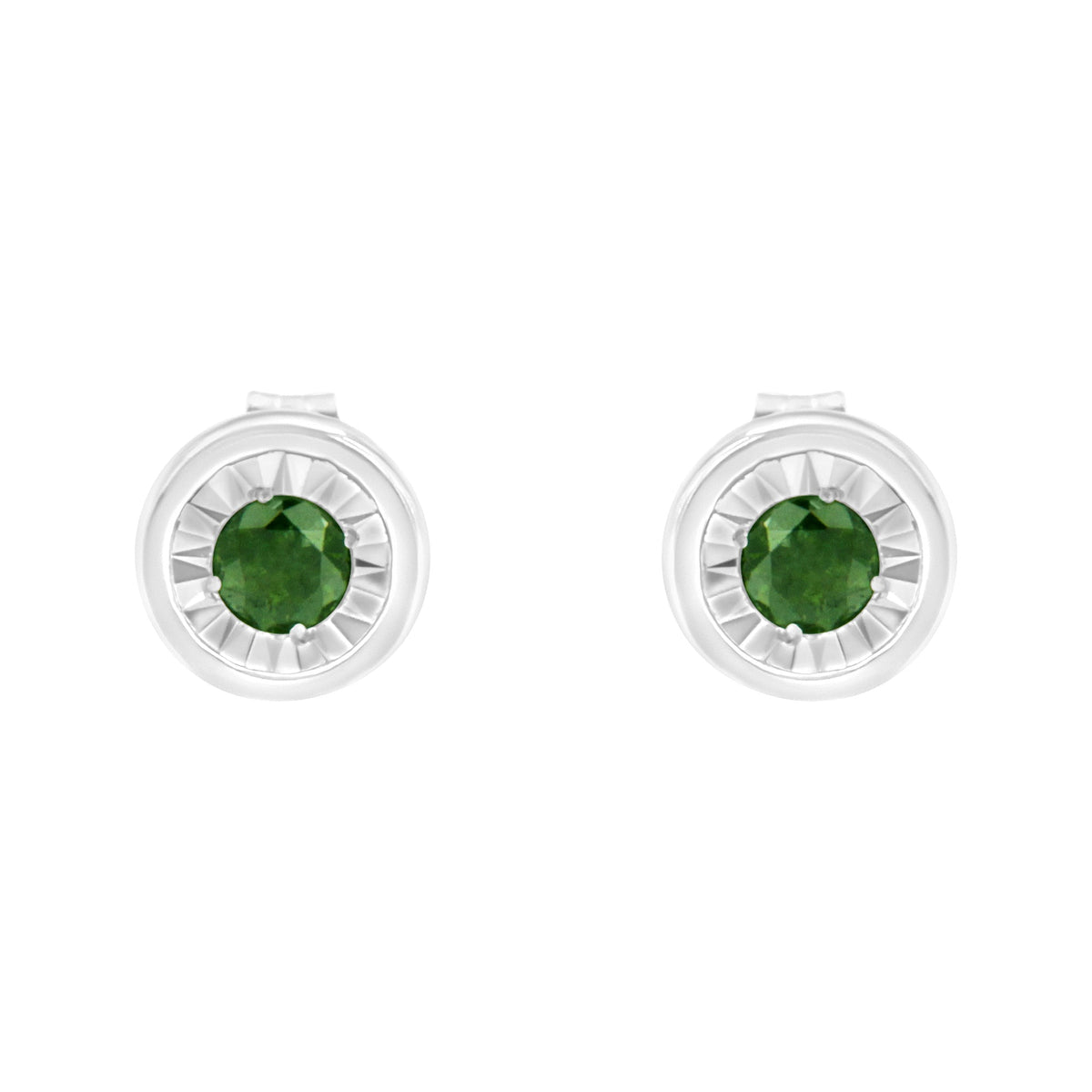 Aretes de botón de plata de ley .925 con diamante verde de talla brillante redonda de 1/4 Cttw, engaste de milagro (color mejorado elegante, claridad I1-I2)