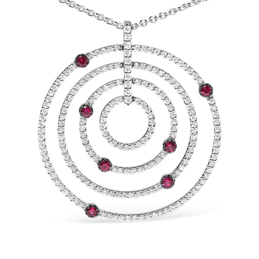 Collar con colgante de oro blanco de 18K con 2 1/6 Cttw de diamantes pavé y rubí rojo en círculos calados de 45,72 cm (color G-H, claridad SI2-I1) - Ajustable hasta 40,64 cm - 45,72 cm