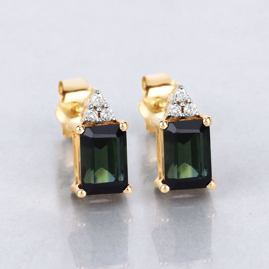 1.25 Carat Genuine Green Tourmaline and White Diamond 14K Yellow Gold Earrings - view 2