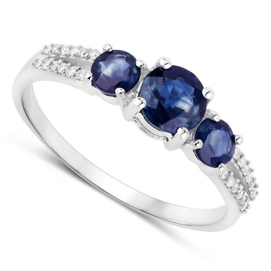 Anillo de oro blanco de 14K con zafiro azul genuino de 1,08 quilates y diamantes blancos