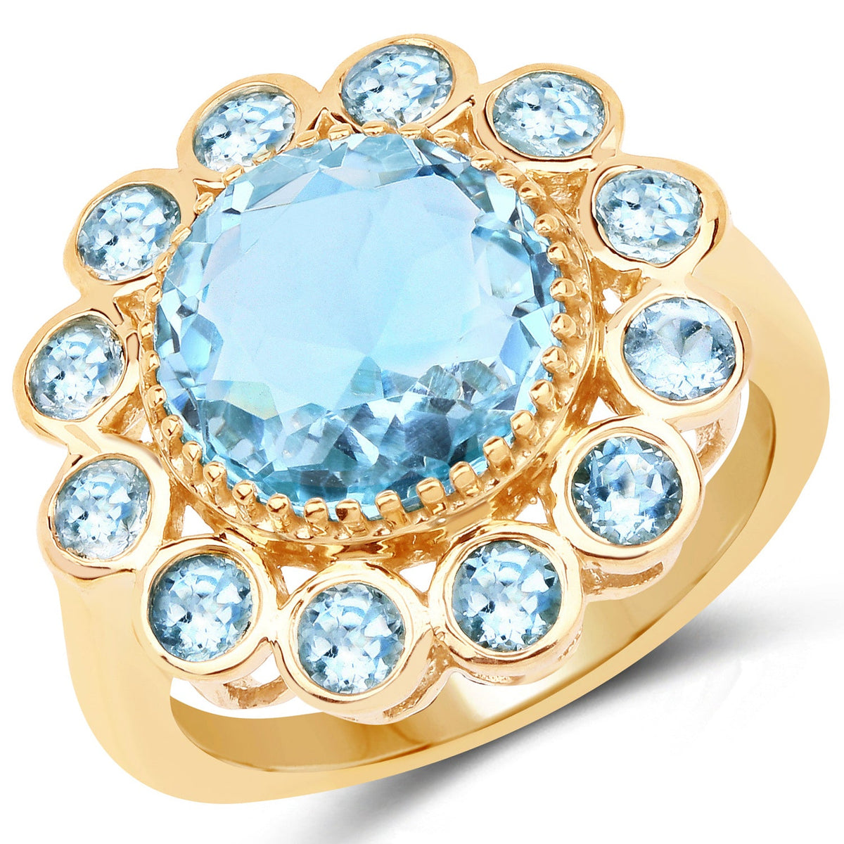 Anillo de plata de ley 925 chapado en oro amarillo de 14 quilates con topacio azul genuino de 6,59 quilates