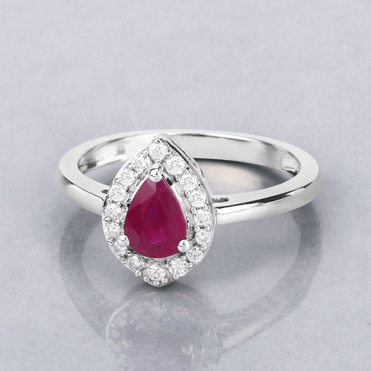 Anillo de oro blanco de 14K con rubí genuino de 0,92 quilates y diamantes blancos