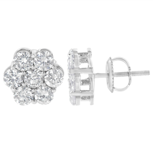 Pendientes de tuerca de plata de ley con diseño floral, 2 quilates de peso total, 7 diamantes engastados (I-J, I1-I2)
