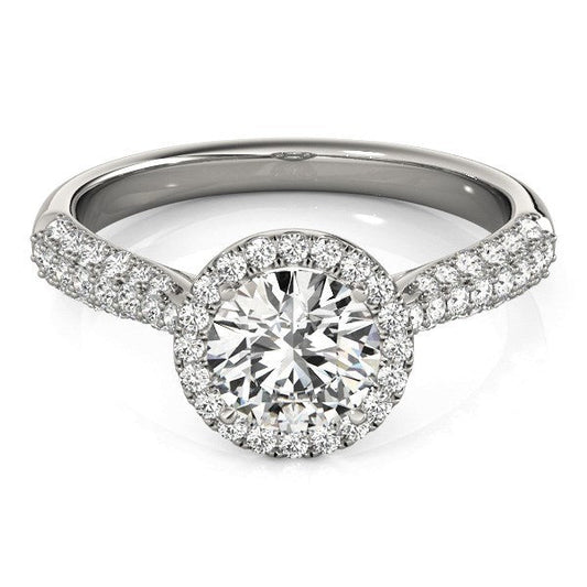 Anillo de compromiso con halo de diamantes en oro blanco de 14k y banda pavé (1 1/3 cttw)