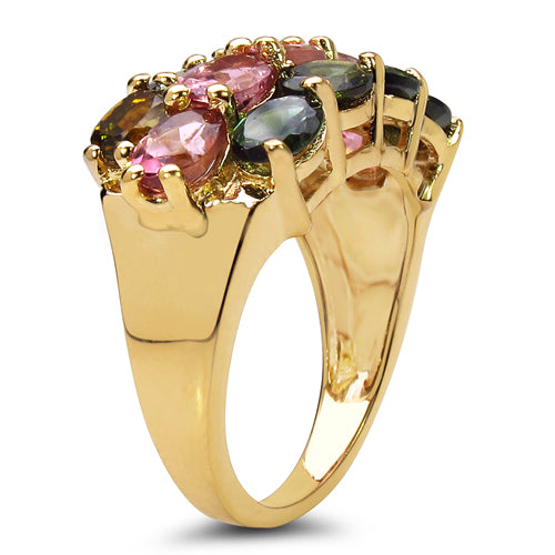Anillo de plata de ley .925 con baño de oro amarillo de 14K y turmalina multicolor genuina de 4,58 quilates