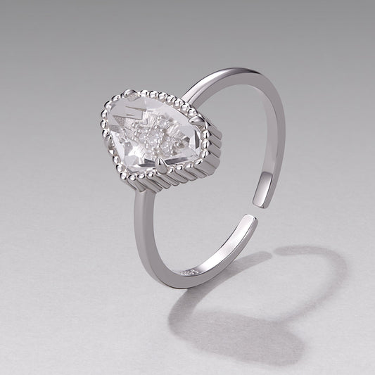925 Sterling Silver Ring with Transparent Glass and CZ, 0.15cm Width, for Women