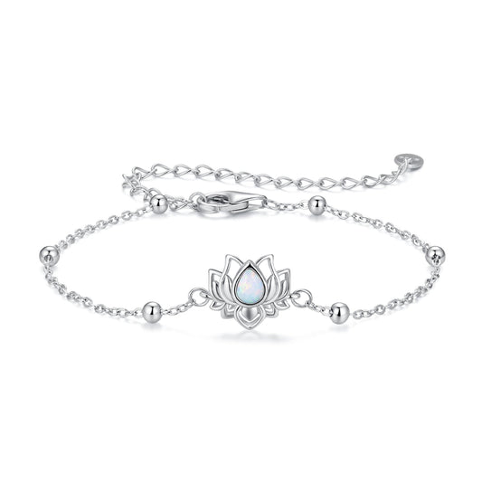 925 Sterling Silver White Gold Plated Bracelet with Synthetic Opal - Length 15+6cm for Women