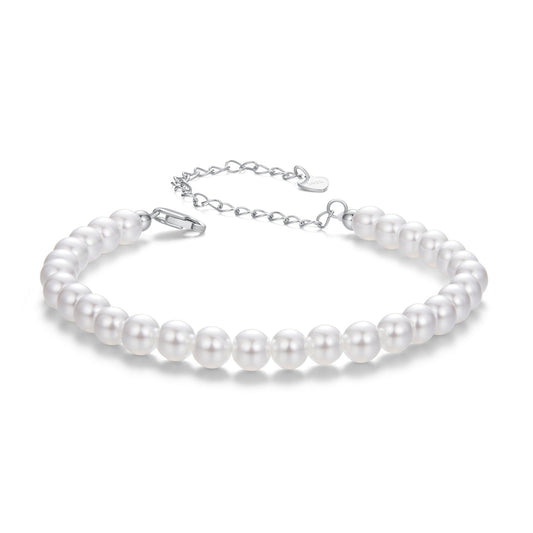 925 Sterling Silver Adjustable White Gold Plated Bracelet with Synthetic Pearl for Women
