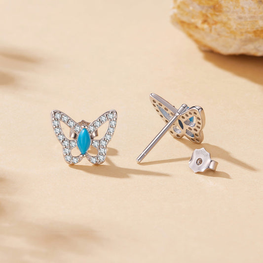 925 Sterling Silver White Gold Plated Earrings with Synthetic Turquoise and CZ - view 2