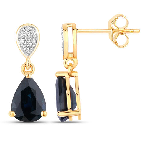Pendientes de oro amarillo de 10 quilates con zafiro azul genuino de 2,76 quilates y diamantes blancos