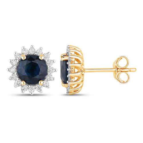 Pendientes de oro amarillo de 14 quilates con zafiro azul genuino de 2,38 quilates y diamantes blancos