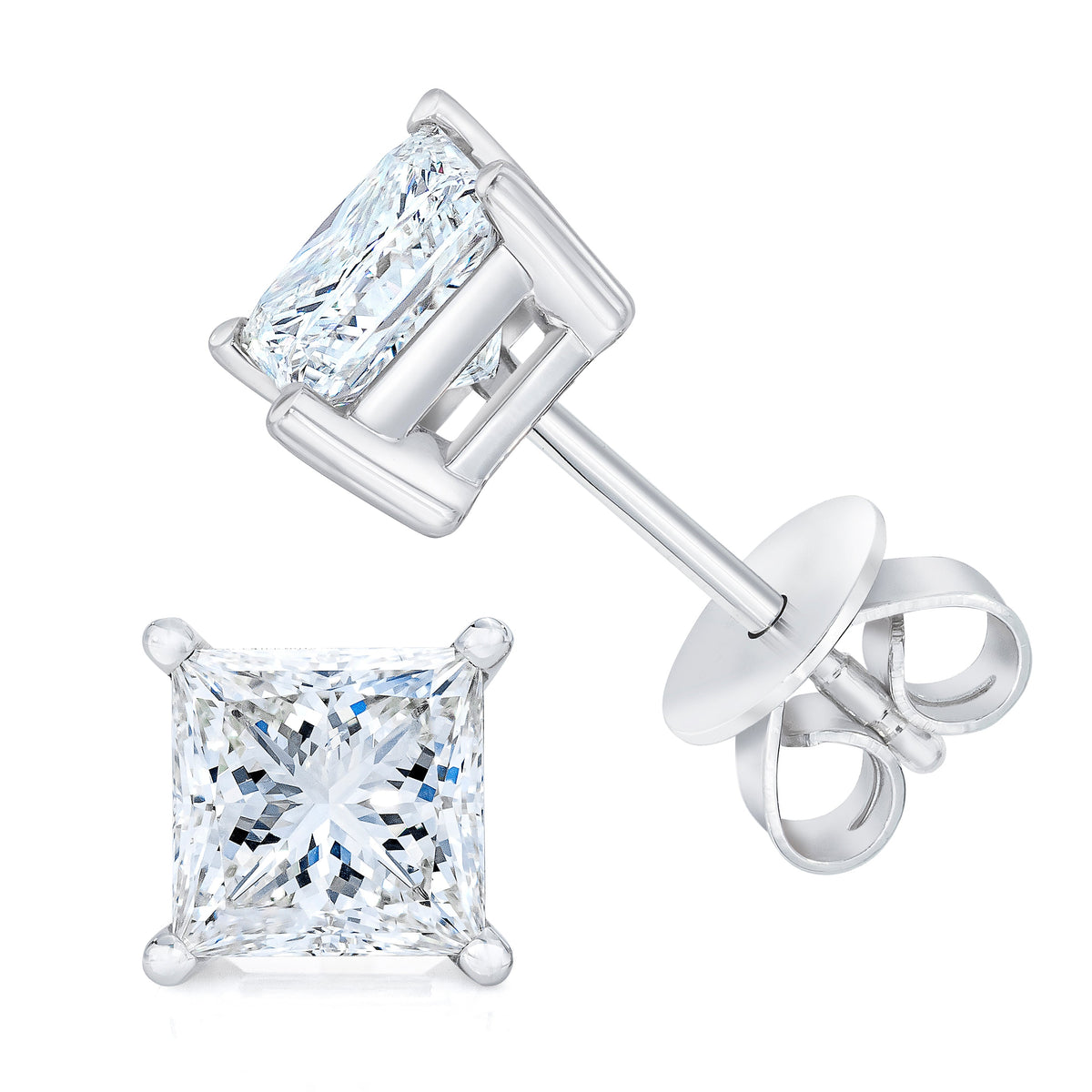 Pendientes de oro blanco de 14 quilates con diamantes de talla princesa de 1,00 quilates, casi incoloros, clásicos, con 4 garras (color G-H, claridad SI1-SI2)