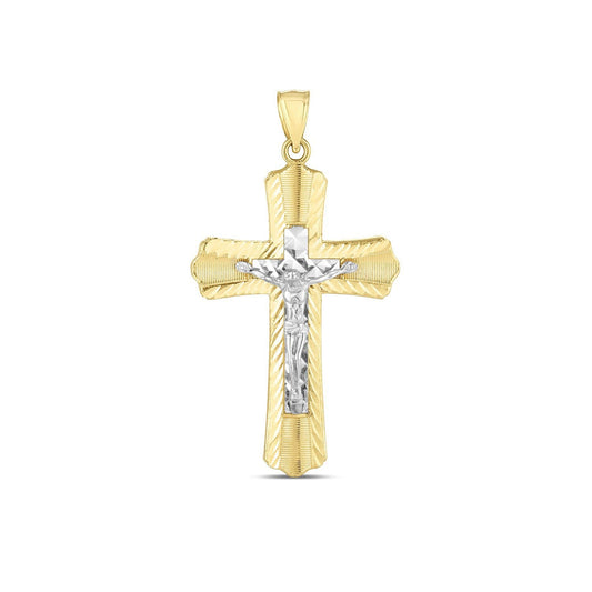 Colgante de cruz de oro de dos tonos de 14k con acabado pulido brillante y corte de diamante