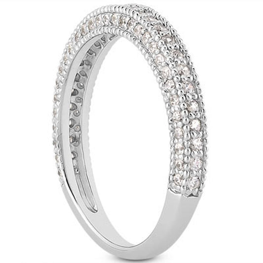 Anillo de boda con textura milgrain, oro blanco de 14k, con diamantes en pavé elegante