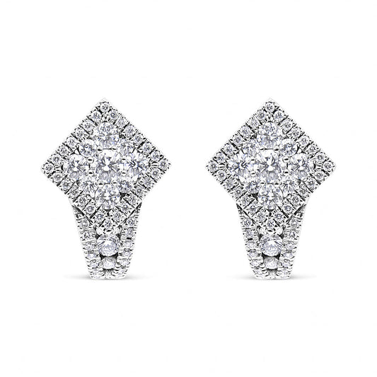 Pendientes de aro Huggie de oro blanco de 18 quilates con racimo de diamantes redondos de 1 1/10 Cttw y halo (color F-G, claridad VS1-VS2)