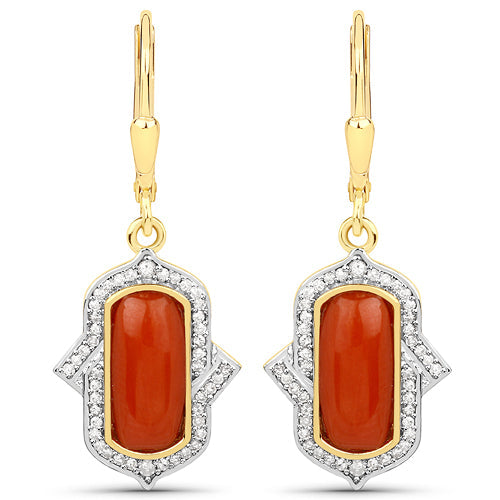 3.93 Carat Genuine Red Coral and White Diamond .925 Sterling Silver Earrings - view 2