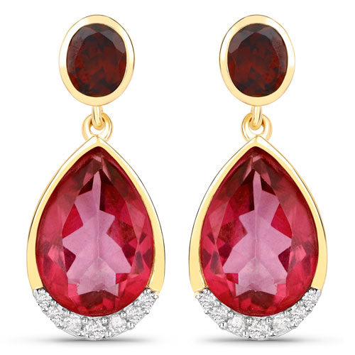 Pendientes de plata de ley .925 con topacio rosa auténtico de 7,98 quilates, granate rodolita y diamantes blancos