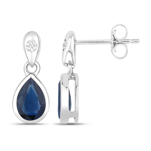 Pendientes de oro blanco de 10 quilates con zafiro azul auténtico de 1,65 quilates y diamantes blancos