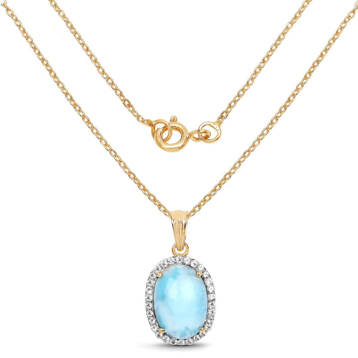 Colgante de plata esterlina .925 con larimar genuino de 13.55 quilates y topacio blanco, bañado en oro amarillo de 14K