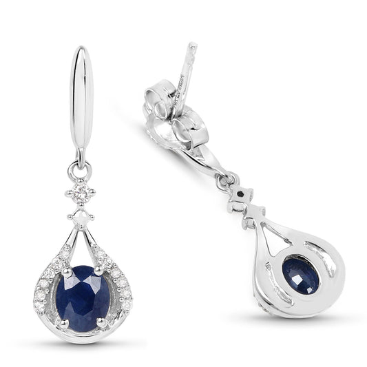 Pendientes de oro blanco de 14 quilates con zafiro azul auténtico de 0,86 quilates y diamantes blancos