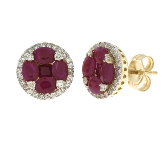 Pendientes de botón de rubí y diamantes de 1,46 ct, oro amarillo de 14 kt