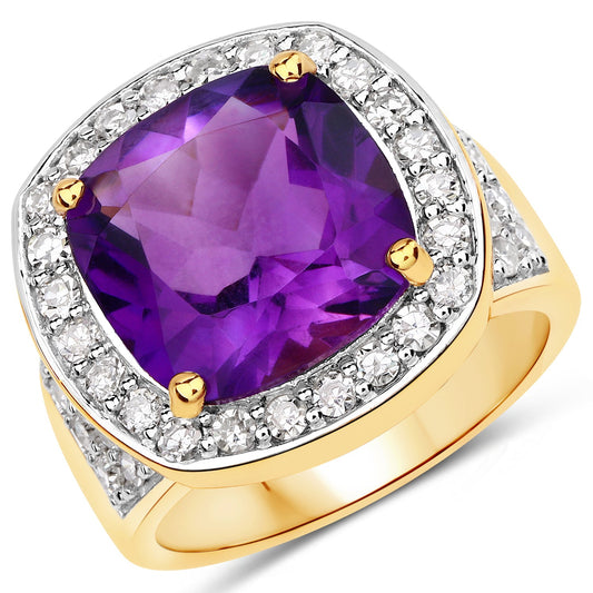 Anillo de 6,80 quilates de amatista genuina y diamantes blancos de plata de ley .925