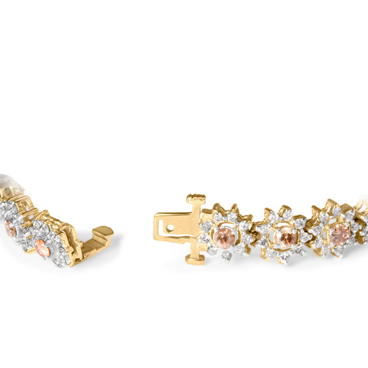 Pulsera de eslabones tipo halo con racimo floral de oro amarillo de 14K y diamantes color champán de 8.00 Cttw (color H-I, claridad I1-I2)