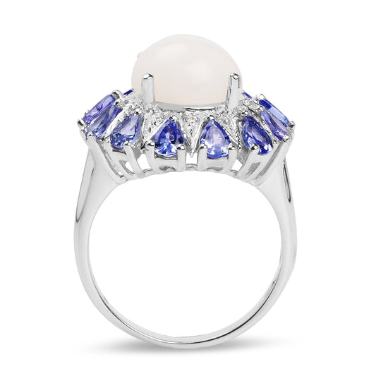 Anillo de plata de ley .925 con ópalo auténtico, tanzanita y topacio blanco de 4.25 quilates