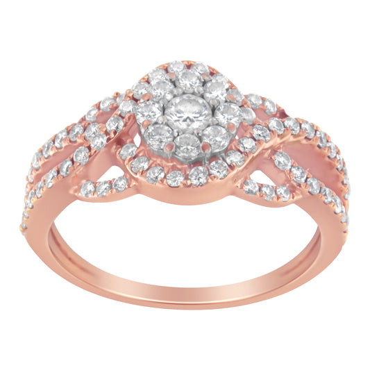 Anillo tipo cóctel de oro rosa de 10K con cabeza de grupo floral de diamantes de 3/4 Cttw y vástago trenzado (color H-I, claridad SI1-SI2) - Talla 7
