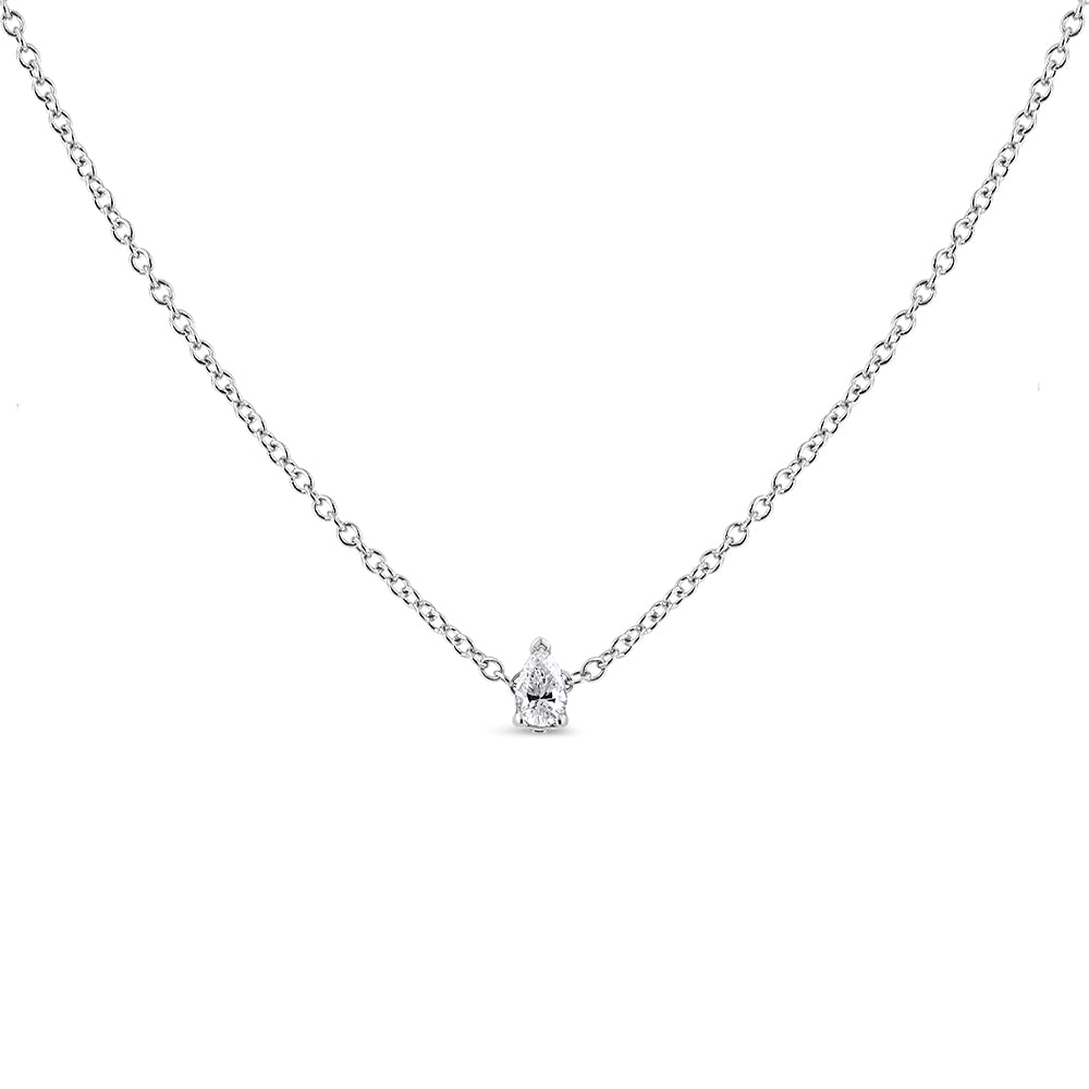 Collar con colgante de solitario de diamante cultivado en laboratorio de oro blanco de 14K con forma de pera de 1/10 Cttw (color F-G, claridad VS2-SI1)