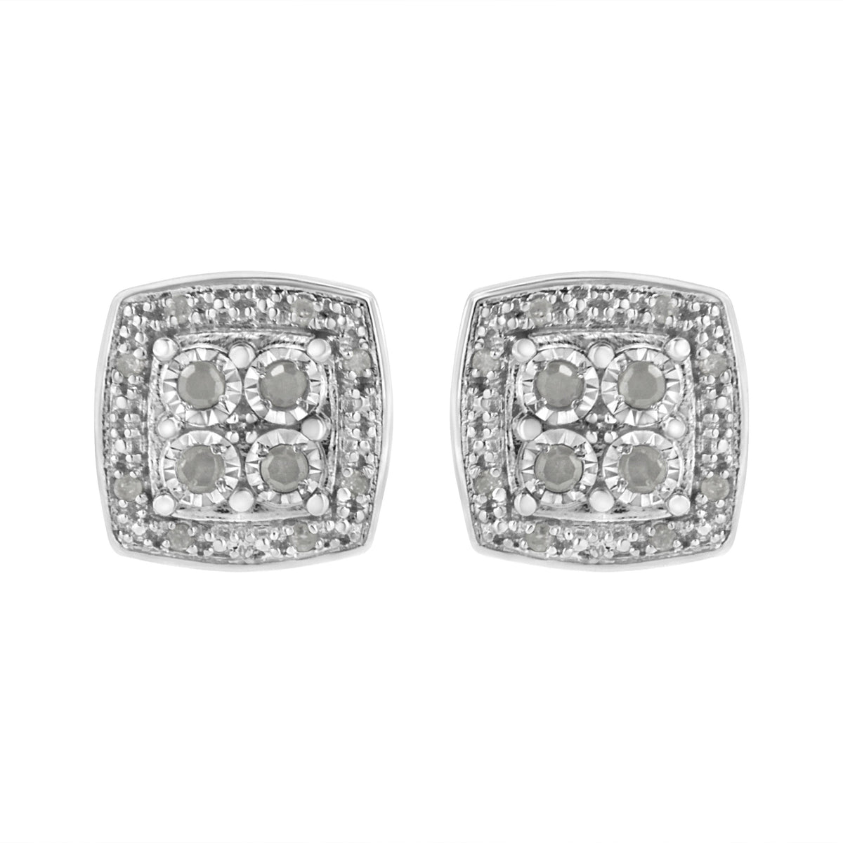 Pendientes de botón de plata de ley 925 con diseño cuadrado de diamantes de talla redonda de 0,25 ct. y milgrain (color I-J, claridad I3)