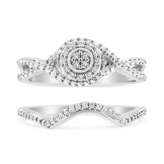 Anillo y banda nupcial de plata de ley 925 con halo de diamante compuesto de 1/6 quilates y vástago dividido (color I-J, claridad I3) - Talla 7