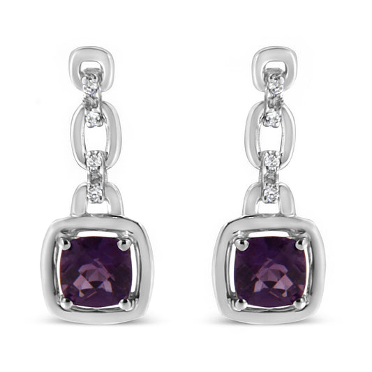 Pendientes colgantes de plata de ley 925 con amatista natural morada en forma de cojín de 6x6 mm y acento de diamante (color I-J, claridad I1-I2)