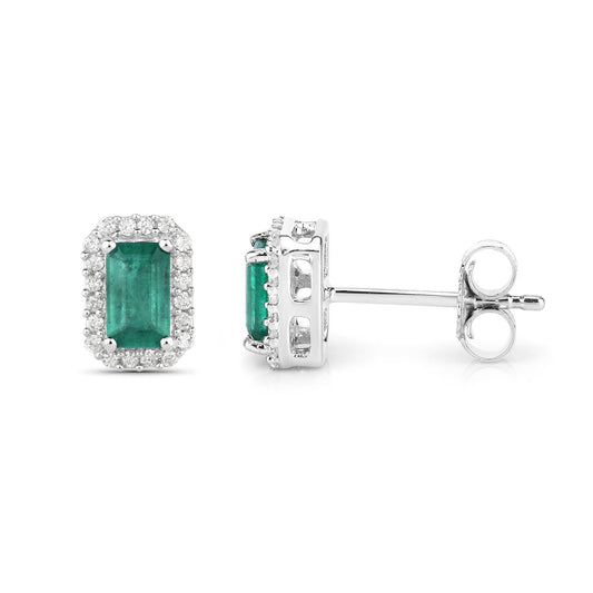 Pendientes de oro blanco de 14 quilates con esmeralda zambiana auténtica de 0,91 quilates y diamantes blancos