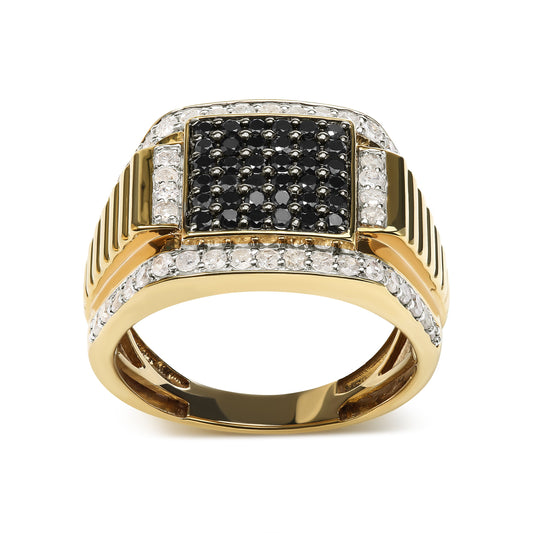 Anillo de hombre chapado en oro amarillo de 14K sobre plata de ley .925 con diamantes blancos y negros tratados de 1 1/2 quilates (color I-J, claridad I2-I3) - Talla 10
