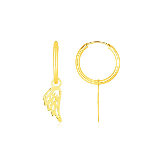 14K Yellow Gold Hoop Earrings with Angel Wings - view 2